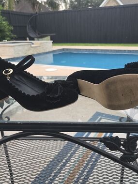 Black Velvet Mary Jane Pumps with Floral Trim - Women